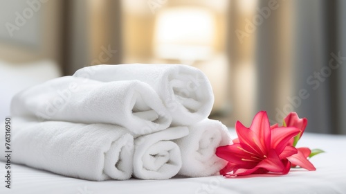 a white stack of towels and a Flower in the hotel room. close-up