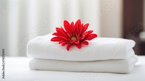 a white stack of towels and a Flower in the hotel room. close-up