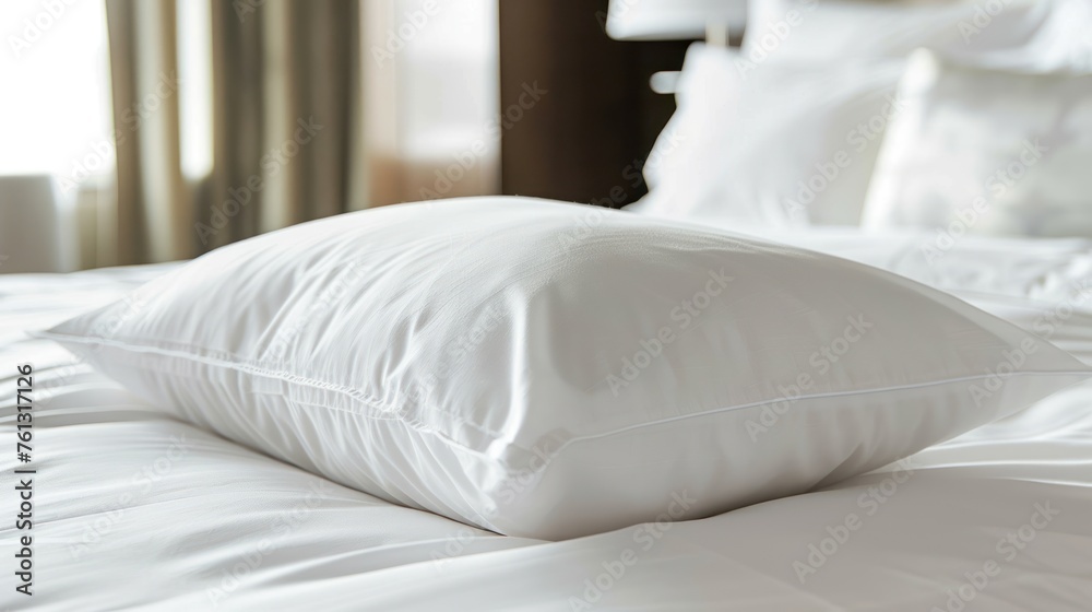 White pillows on the bed in a hotel room, close-up
