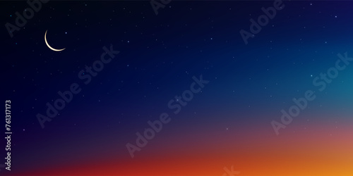 Sky Night,Ramadan Kareem Background with Crescent moon,Star with twilight dusk Sky,Vector Greeting festive for symbolic of Muslim culture ,Eid Mubarak,Eid al adha,Eid al fitr,Islamic new year,Muharram