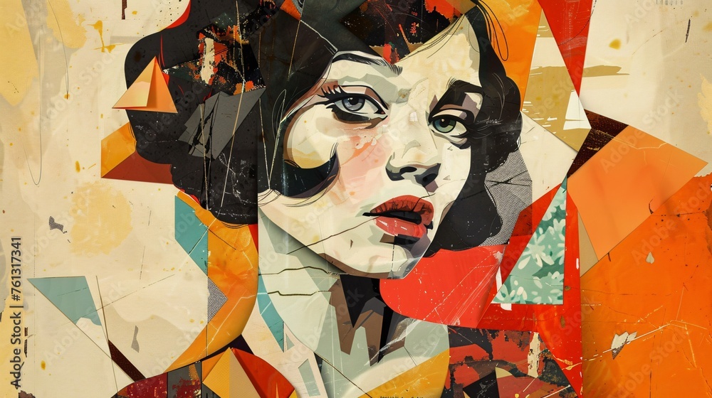 illustration of a young woman retro Trendy paper collage composition wallpaper modern art