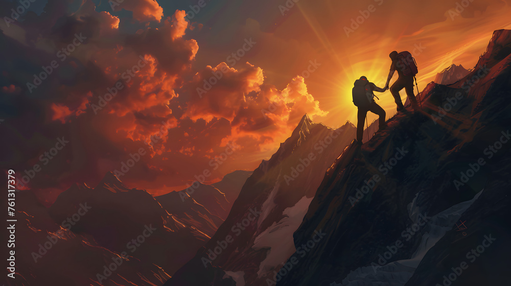 Silhouette image of a hiker extending a helping hand to their friend as they ascend towards the mountain summit, concept evoke feelings of triumph and solidarity 