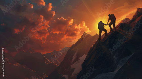Silhouette image of a hiker extending a helping hand to their friend as they ascend towards the mountain summit  concept evoke feelings of triumph and solidarity 