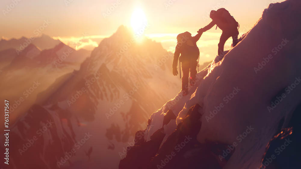 Fototapeta premium Silhouette image of a hiker extending a helping hand to their friend as they ascend towards the mountain summit, concept triumph of friendship