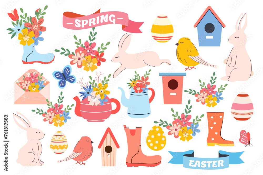 Easter set in hand drawn style. Vector. Labels, flag, rabbit, eggs, flowers, envelopes, birdhouses. Hello spring collection. Pastel and modern trendy vibrant. Clipart. Traditional bunny. Modern doodle - obrazy, fototapety, plakaty 