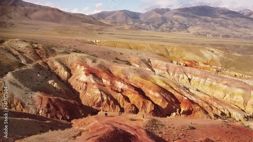 Landscape of multi-colored clay dunes. Mars on earth. Video frome drone.