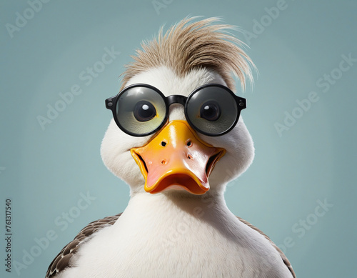 a smiling duck with round glasses isolated on a transparent background © Fukurou