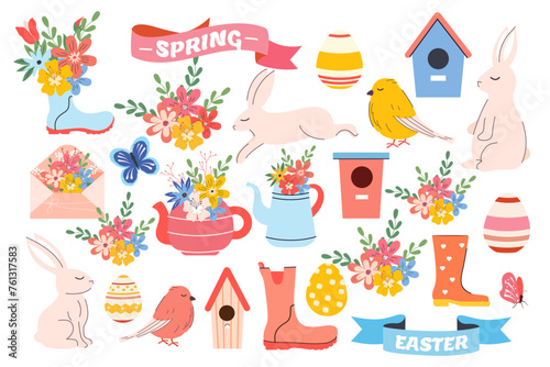 Easter set in hand drawn style. Vector. Labels, flag, rabbit, eggs, flowers, envelopes, birdhouses. Hello spring collection. Pastel and modern trendy vibrant. Clipart. Traditional bunny. Modern doodle photo