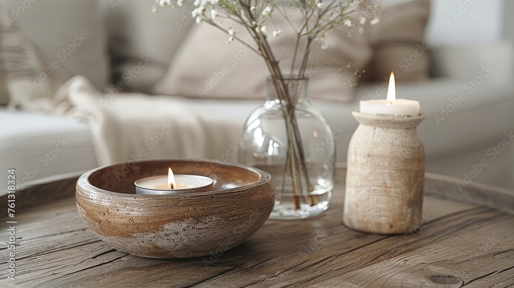 Elegant home ambiance with candle and delicate white flowers. Elegant home ambiance with candle and delicate white flowers.
