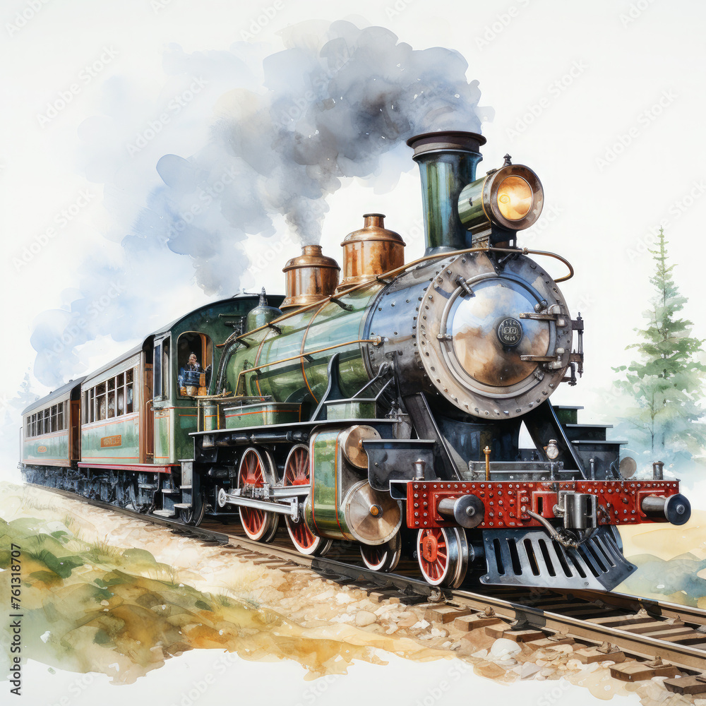 Watercolor Seamless STEAM TRAIN Illustration, Generative Ai Watercolor Seamless STEAM TRAIN Illustration, Generative Ai