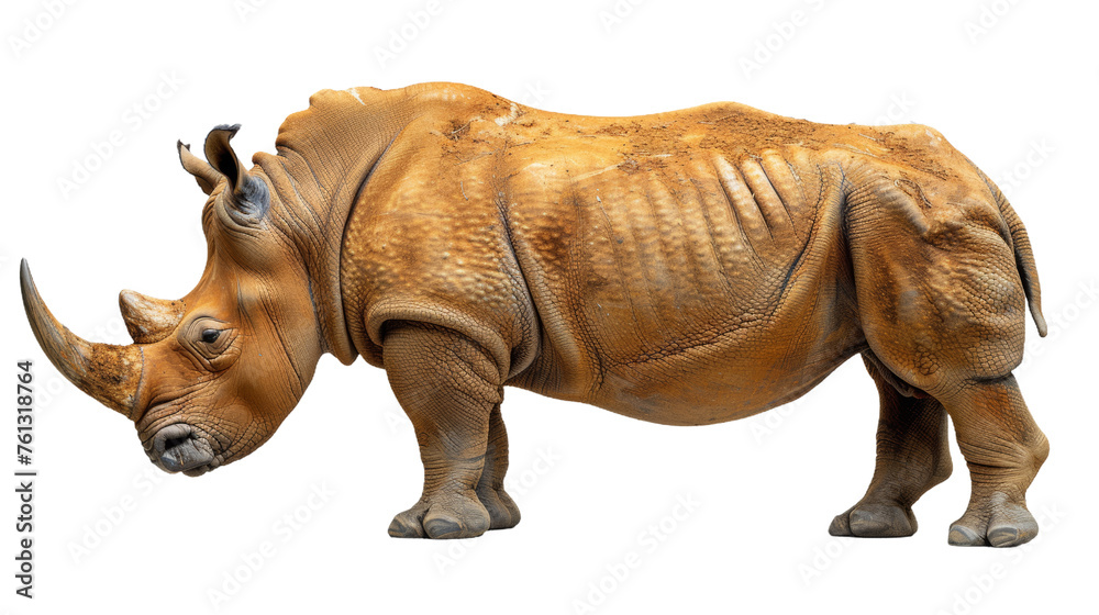 A meticulously detailed rhinoceros stands out with lifelike textures on a white backdrop, sans face A meticulously detailed rhinoceros stands out with lifelike textures on a white backdrop, sans face