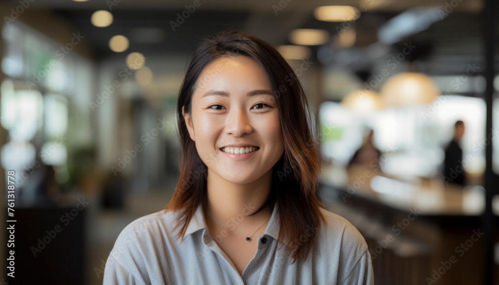 Young Asian woman exudes happiness and charm in portrait with long hair is smiling at the camera. She is wearing a gray shirt and a necklace Young Asian woman exudes happiness and charm in portrait with long hair is smiling at the camera. She is wearing a gray shirt and a necklace