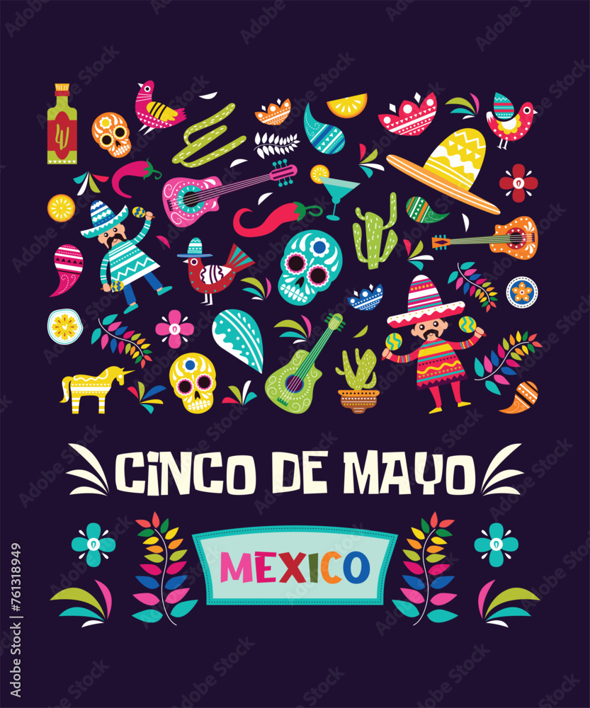 Obraz premium Colorful Mexico And Mexican Fiesta Icons And Party Vectors For Cinco De Mayo