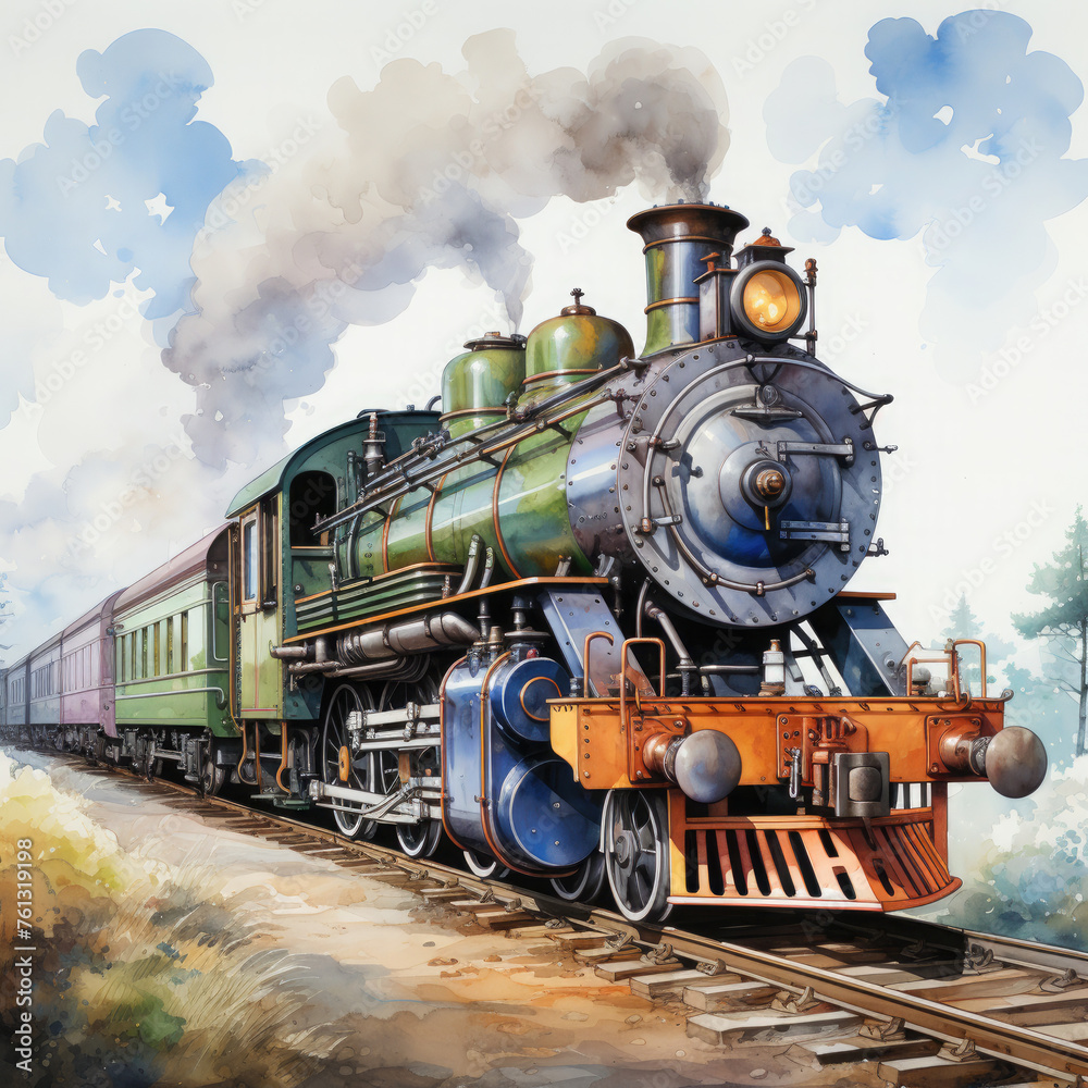 Watercolor Seamless STEAM TRAIN Illustration, Generative Ai