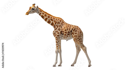 Capturing the tall stature and unique spots of a giraffe, this image highlights its gentle eyes and the long, slender neck