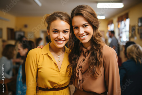Two women are standing side by side in a room, looking at the camera. They are close to each other and appear to be posing for a photograph.