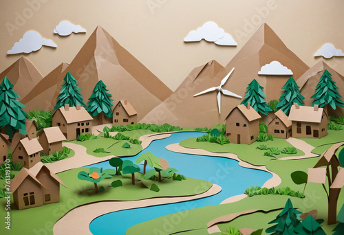 Landscape made with recycled cardboard and paper of mountains with windmills and houses © Fukurou