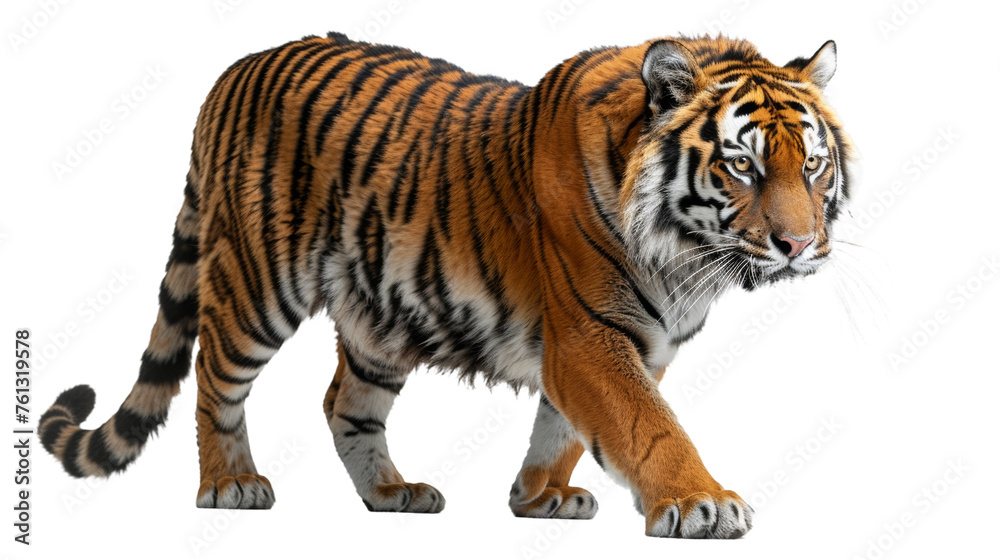 A Bengal tiger in mid-stride, showcasing its powerful build and striped fur pattern, against a white background