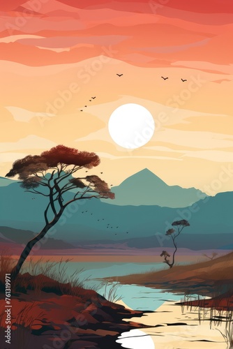 beautiful nature landscape with big brown rocks by creek illustration