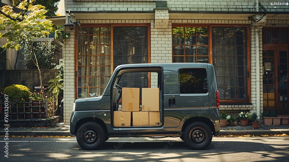 small modern japanese pickup with cardboard boxes, delivery of goods concept, isolated background, bright, daylight