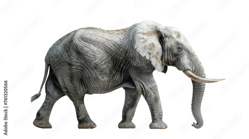 A high-definition shot of an African elephant mid-stride, highlighting the textured skin and tranquil demeanor