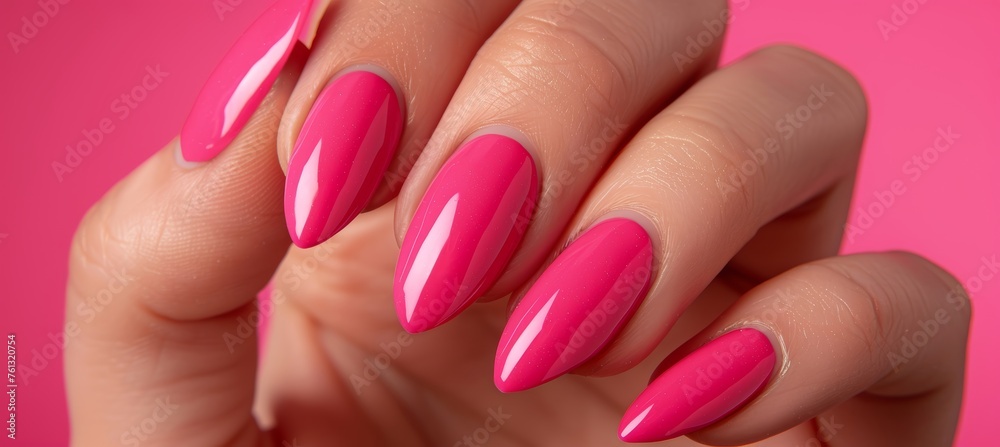 Elegant woman s hand with pink nail polish in close up, showcasing beautiful manicure Elegant woman s hand with pink nail polish in close up, showcasing beautiful manicure