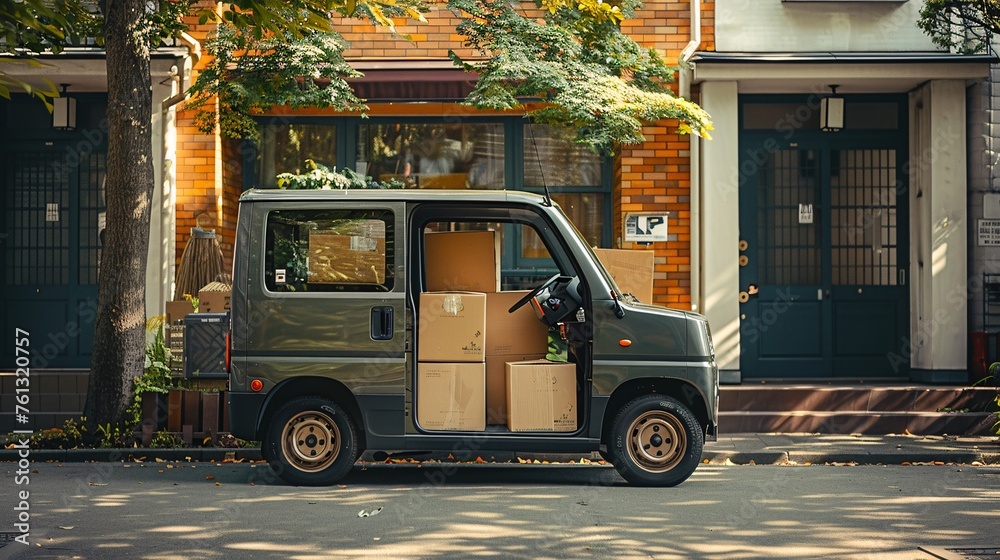 small modern japanese pickup with cardboard boxes, delivery of goods concept, isolated background, bright, daylight