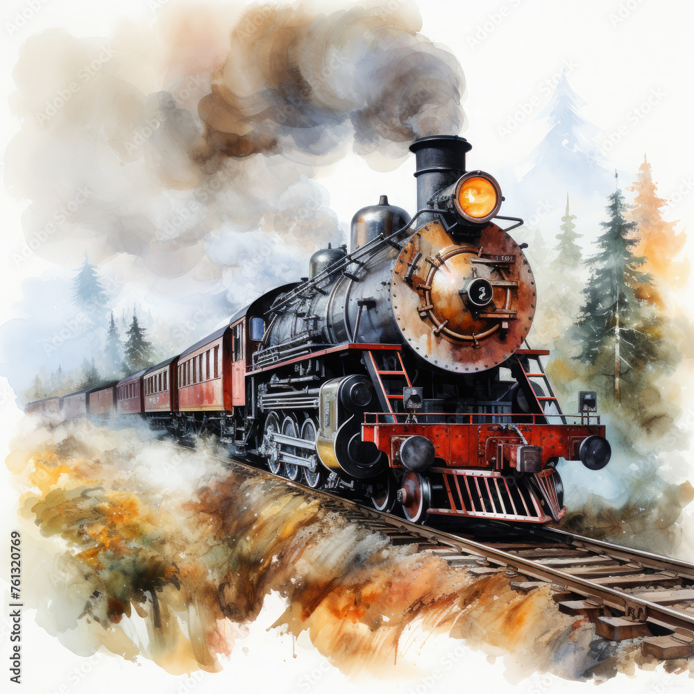 Fototapeta premium Watercolor Seamless STEAM TRAIN Illustration, Generative Ai