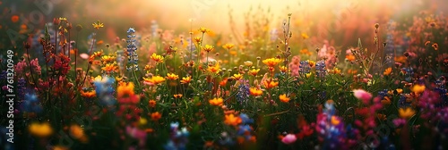 A field of vibrant wildflowers stretching towards the horizon, bathed in the golden light of a sunrise. © thisisforyou
