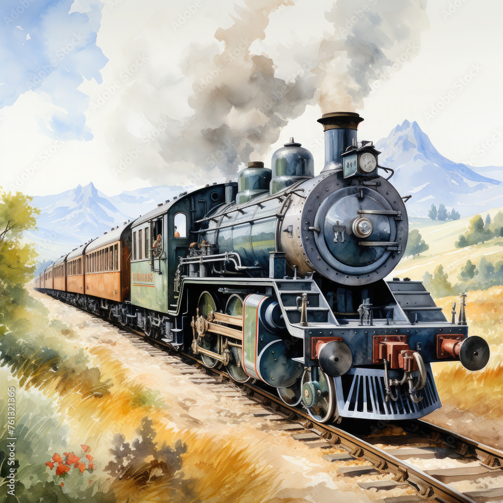 Watercolor Seamless STEAM TRAIN Illustration, Generative Ai