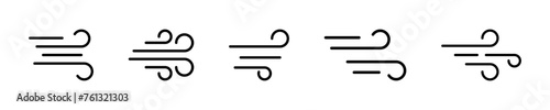 Wind vector icons set. Black lines symbols with wind or cold air. Steam or smell signs.