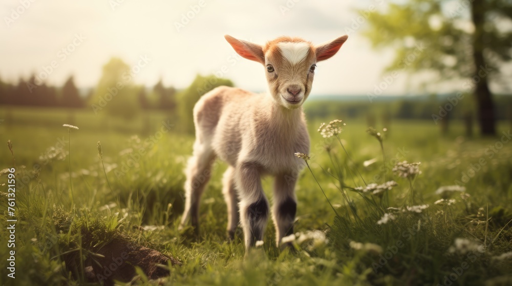 A happy little goat or lamb in a meadow on a sunny day. Agricultural industry. Farming. A happy little goat or lamb in a meadow on a sunny day. Agricultural industry. Farming.