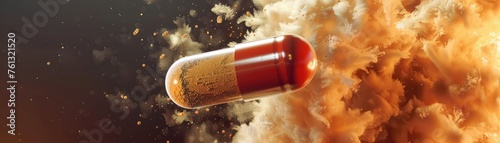 A 3D-rendered close-up of a capsule opening revealing a cloud of medicinal powder photo