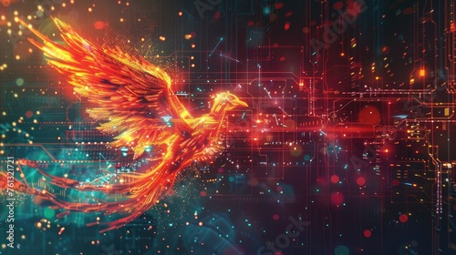 A digital phoenix rising from circuitry ashes symbolizing rebirth and innovation