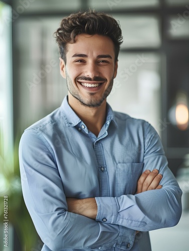 Young smiling businessman standing with arms crossed in office. focusing on the face to capture expression of confidence and determination. raw emotions in natural daylight. generative AI