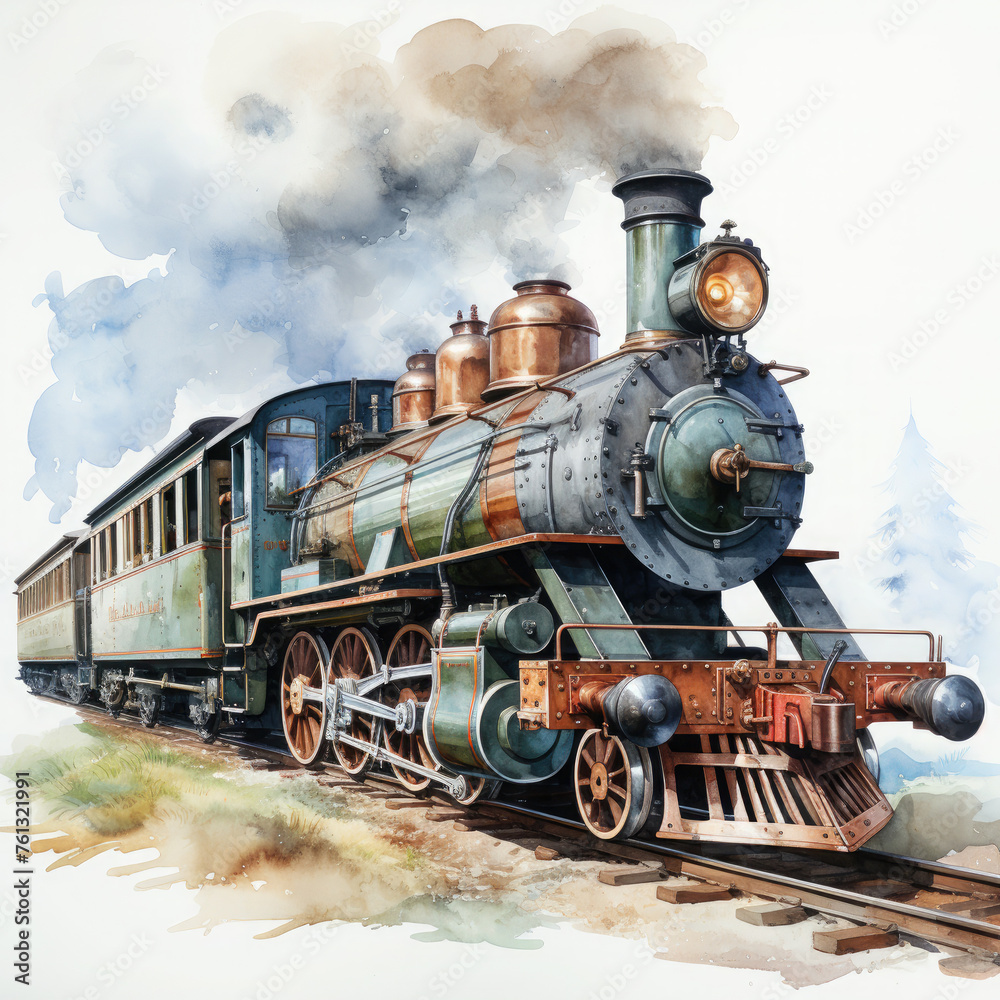 Watercolor Seamless STEAM TRAIN Illustration, Generative Ai
