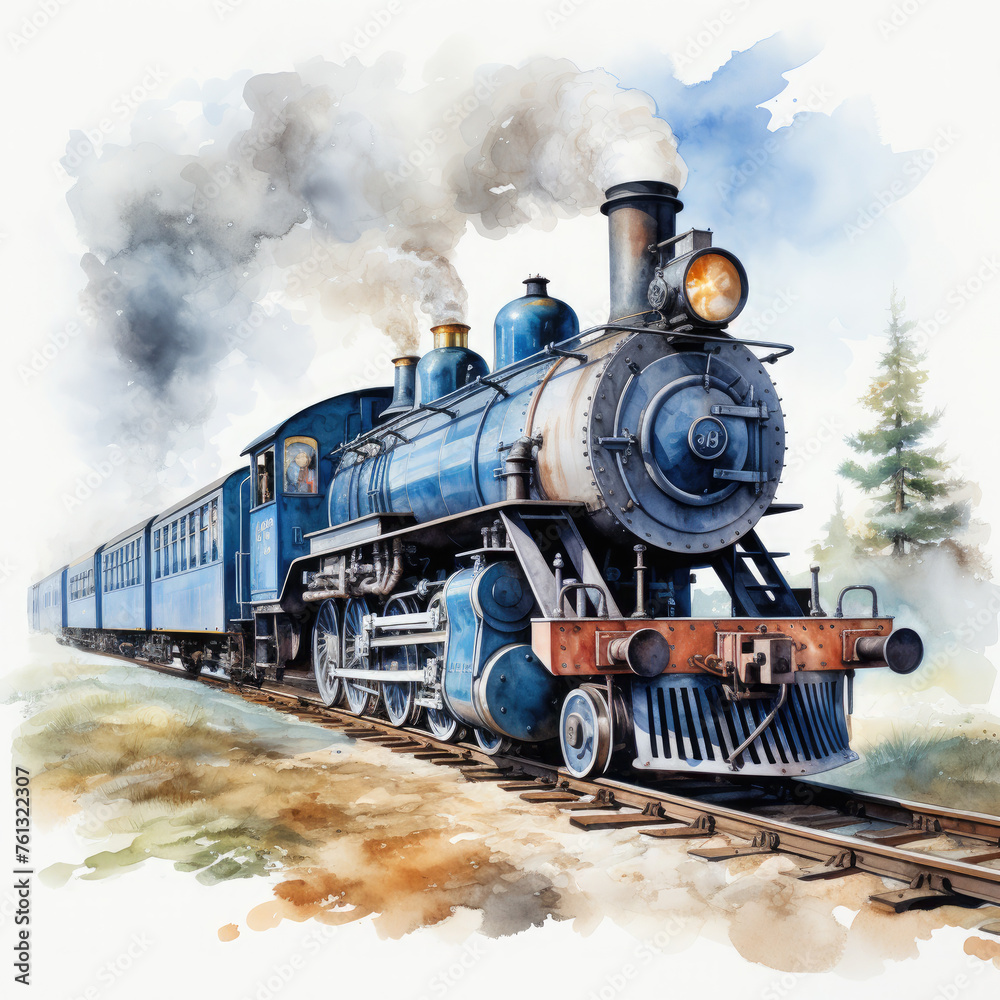 Obraz premium Watercolor Seamless STEAM TRAIN Illustration, Generative Ai