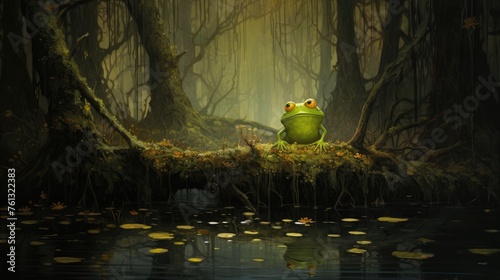 A frog or toad in a green swamp. A fabulous world, a funny, funny frog.