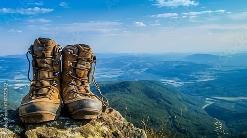A pair of hiking boots sit atop a mountain summit, overlooking a breathtaking vista of valleys and peaks