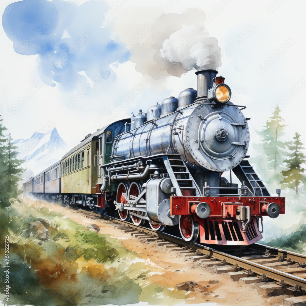 Naklejka premium Watercolor Seamless STEAM TRAIN Illustration, Generative Ai