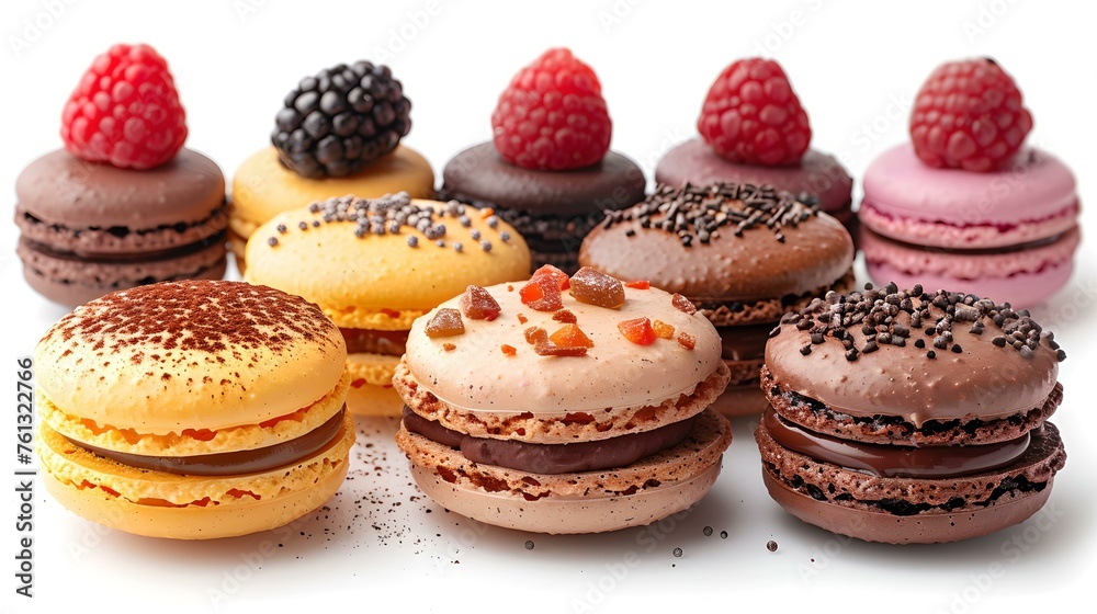 Assorted french macarons with fresh berries on white. colorful and delicious desserts, ideal for a bakery menu. simple elegance in sweet treats. AI Assorted french macarons with fresh berries on white. colorful and delicious desserts, ideal for a bakery menu. simple elegance in sweet treats. AI