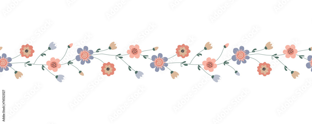 Elegant wavy flower seamless pattern. Spring Scandinavian flowers border for Birthday, anniversary, greeting card, textile. Vector illustration Elegant wavy flower seamless pattern. Spring Scandinavian flowers border for Birthday, anniversary, greeting card, textile. Vector illustration