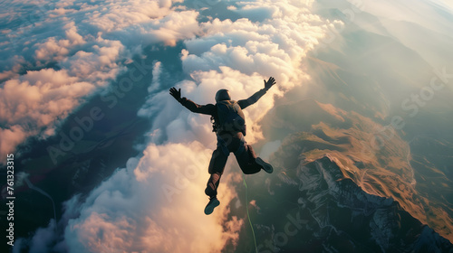 aerial shots of skydiver freefalling through the clouds and parachuting down to earth against breathtaking landscapes, central framing, well-generated silhouette photo