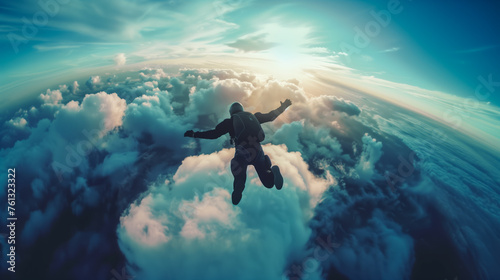 aerial shots of skydiver freefalling through the clouds and parachuting down to earth against breathtaking landscapes, central framing, well-generated silhouette photo