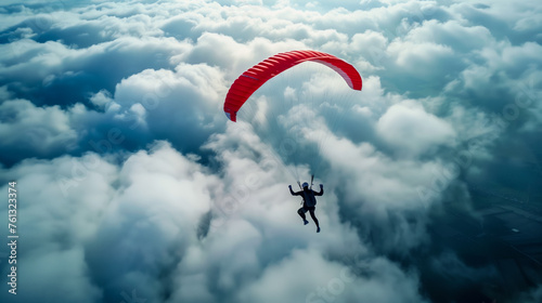 aerial shots of skydiver freefalling through the clouds and parachuting down to earth against breathtaking landscapes, central framing, well-generated silhouette