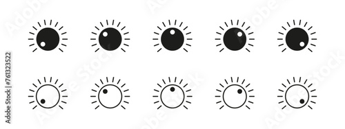 Adjustment dial vector icon. Power regulator icons. Min and max adjusting set.