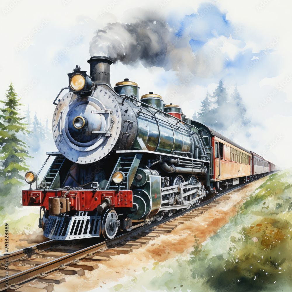 Obraz premium Watercolor Seamless STEAM TRAIN Illustration, Generative Ai