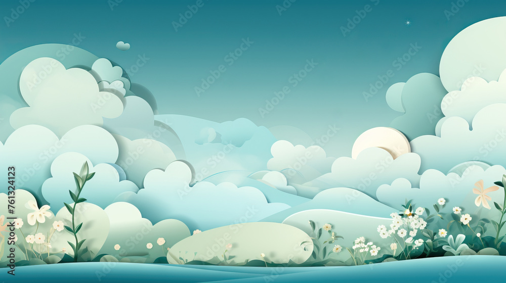 Soothing landscape of layered paper clouds and delicate flowers in a pastel sky Soothing landscape of layered paper clouds and delicate flowers in a pastel sky