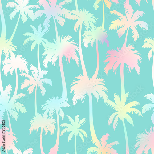 Palm trees seamless pattern. Vector holographic tropical jungle texture on green background. Abstract gradient palm silhouettes summer print for textile, exotic wallpapers, wrapping, fabric