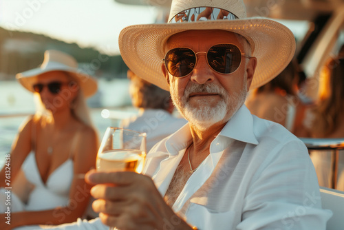  Wealthy senior man at luxury yacht party with glamorous women, summer cruise vacation
